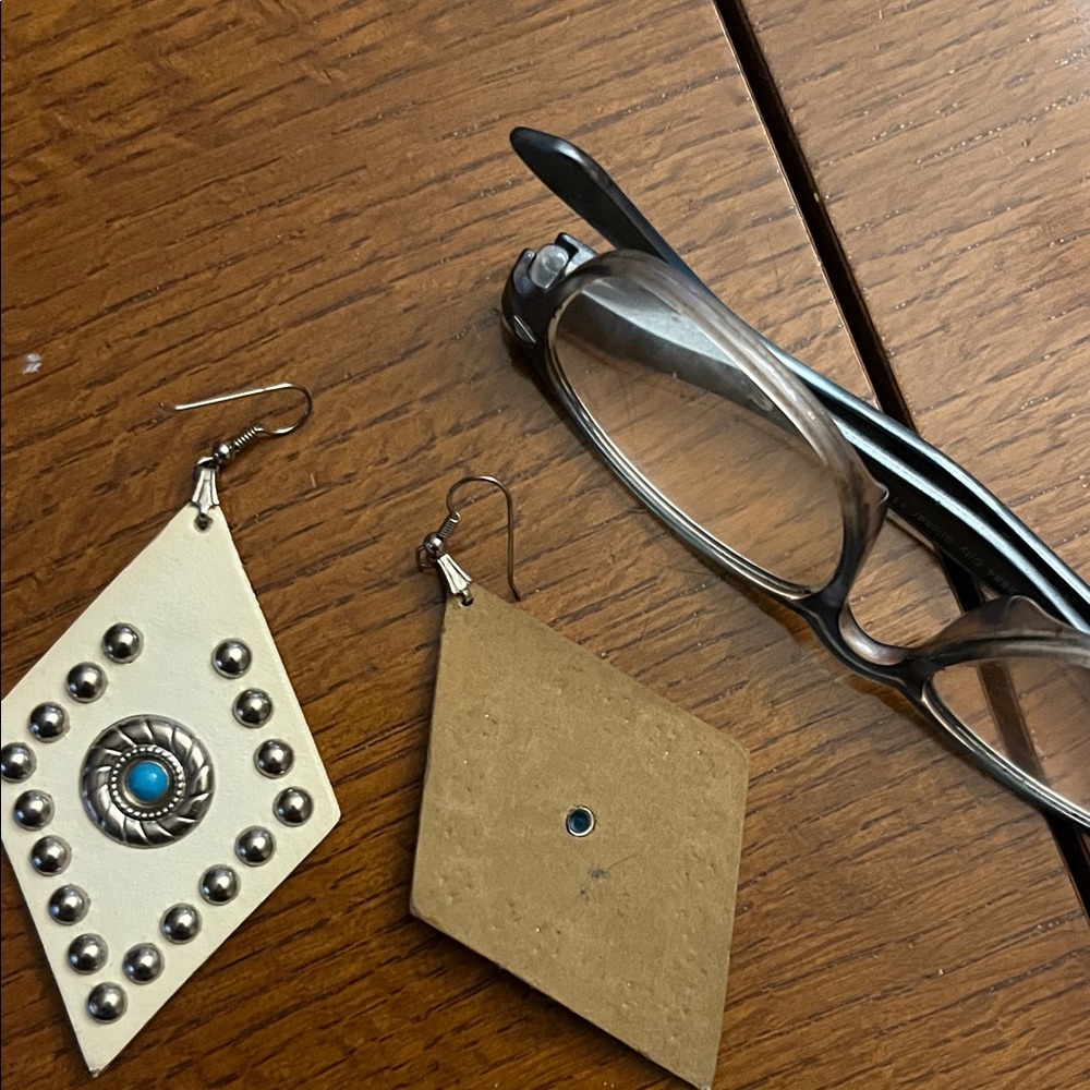 Geometric Leather Earrings with Turquoise Accent - Picture 2 of 4